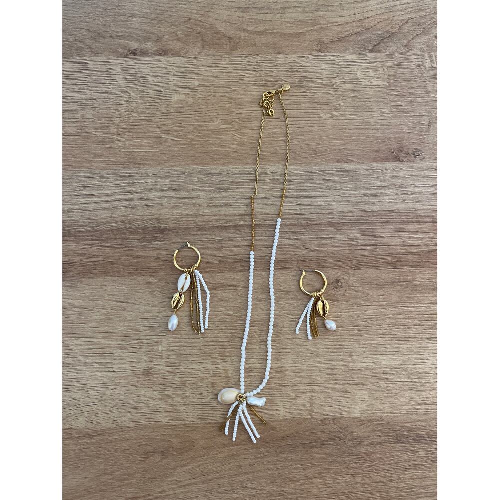 J.Crew Pearl Shell White Beaded Gold Toned Necklace and Hoop Earring Set Beach